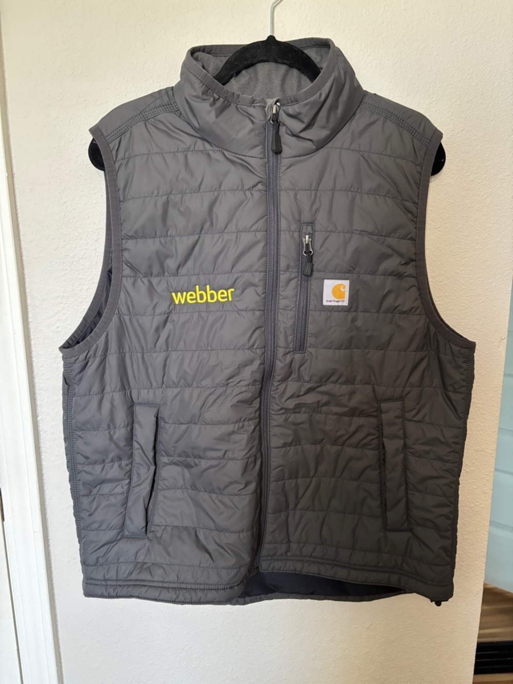 Carhartt Dark Gray Quilted Rain Defender Vest with Gold Webber Lettering